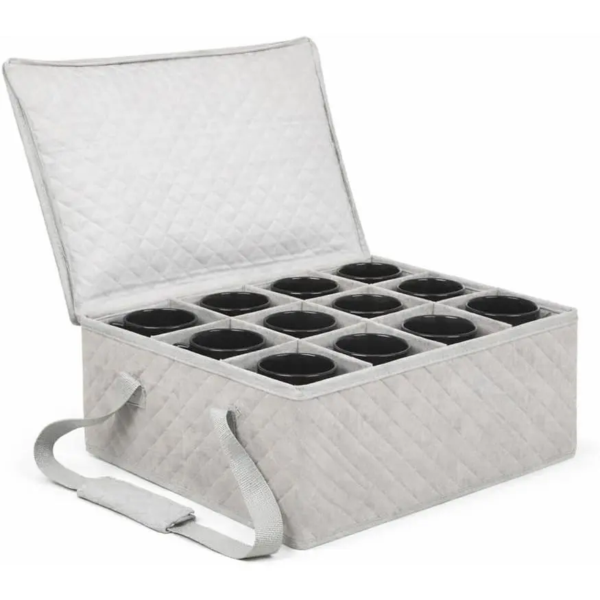 Coffee Mug Storage Bin - Mug Storage Box for Coffee Cups & Mugs (Holds 12 Cups) - Stackable Mug Storage Organizer with Dividers for Kitchen Cabinets & Countertops (Grey & Beige)