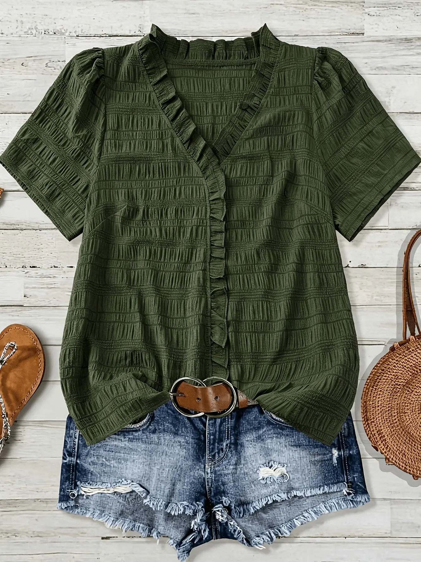 V Neck Ruffle Ruffled Textured Short Sleeve Top, Solid Color Loose Fit Summer Casual T-Shirt, Versatile and Comfortable Apparel for Daily Wear