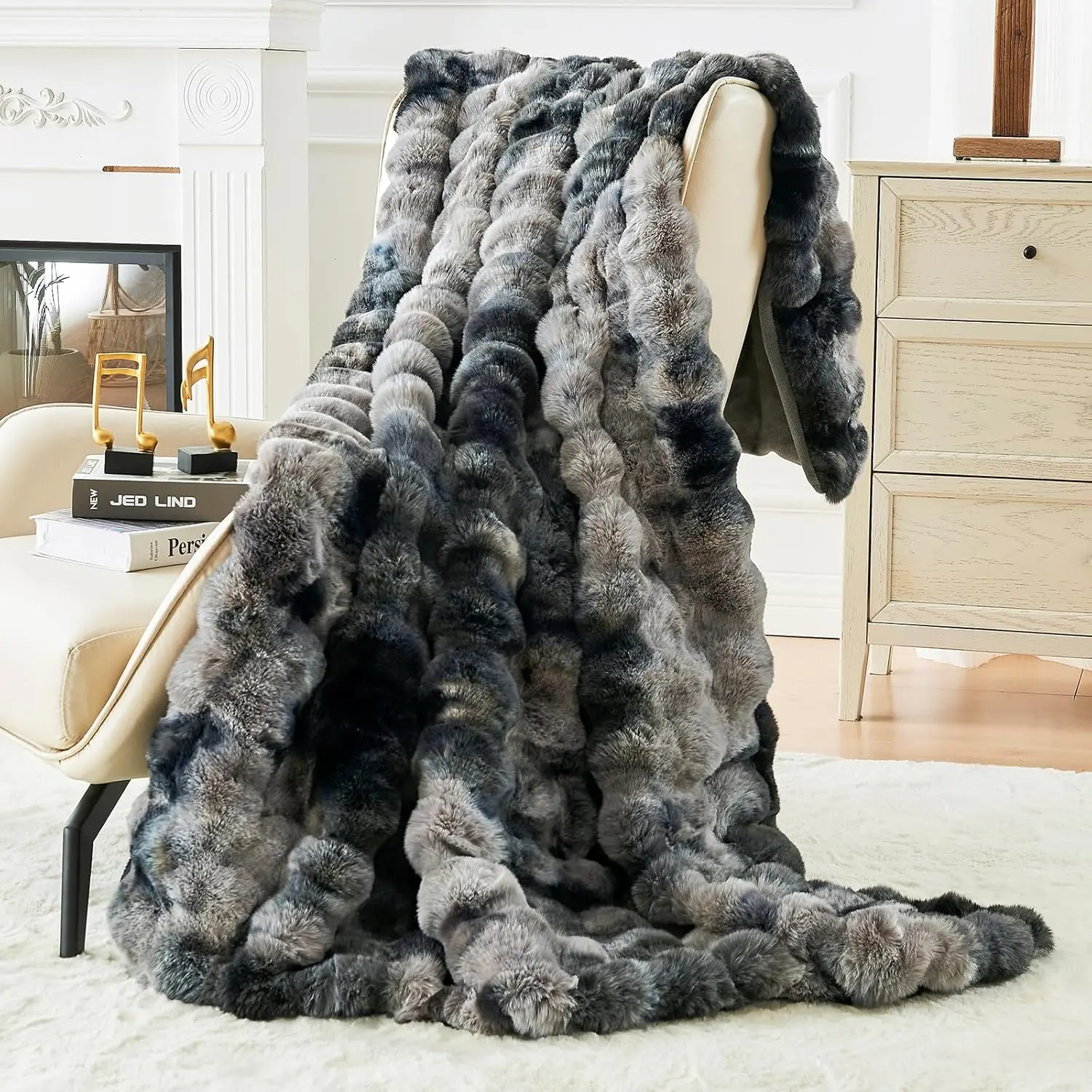 Faux Fur Throw Blanket for Couch, Fuzzy Soft Plush Thick Warm Bubble for Sofa Bed Living Room Décor, Cute Luxury Cozy Throw Gift for Girls, 50"x60", Tie-dye Black