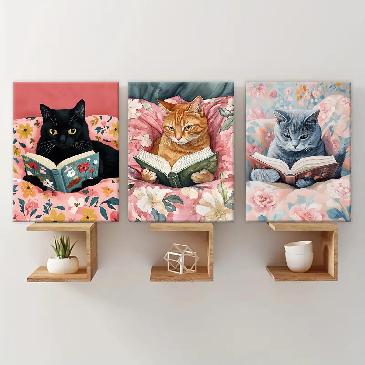 Cat Reading Book Pattern Canvas Painting with Frame, 3 Counts/set Colorful Animal Reading, Wall Decor for Home Living Room Bedroom Office Hanging Wall Art