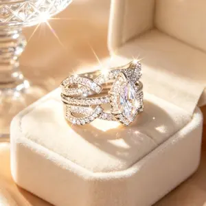 2pcs Stackable Marquise  Ring Set - Vintage Infinity Design with Pave Accents, Ideal for Bridal & Formal Occasions