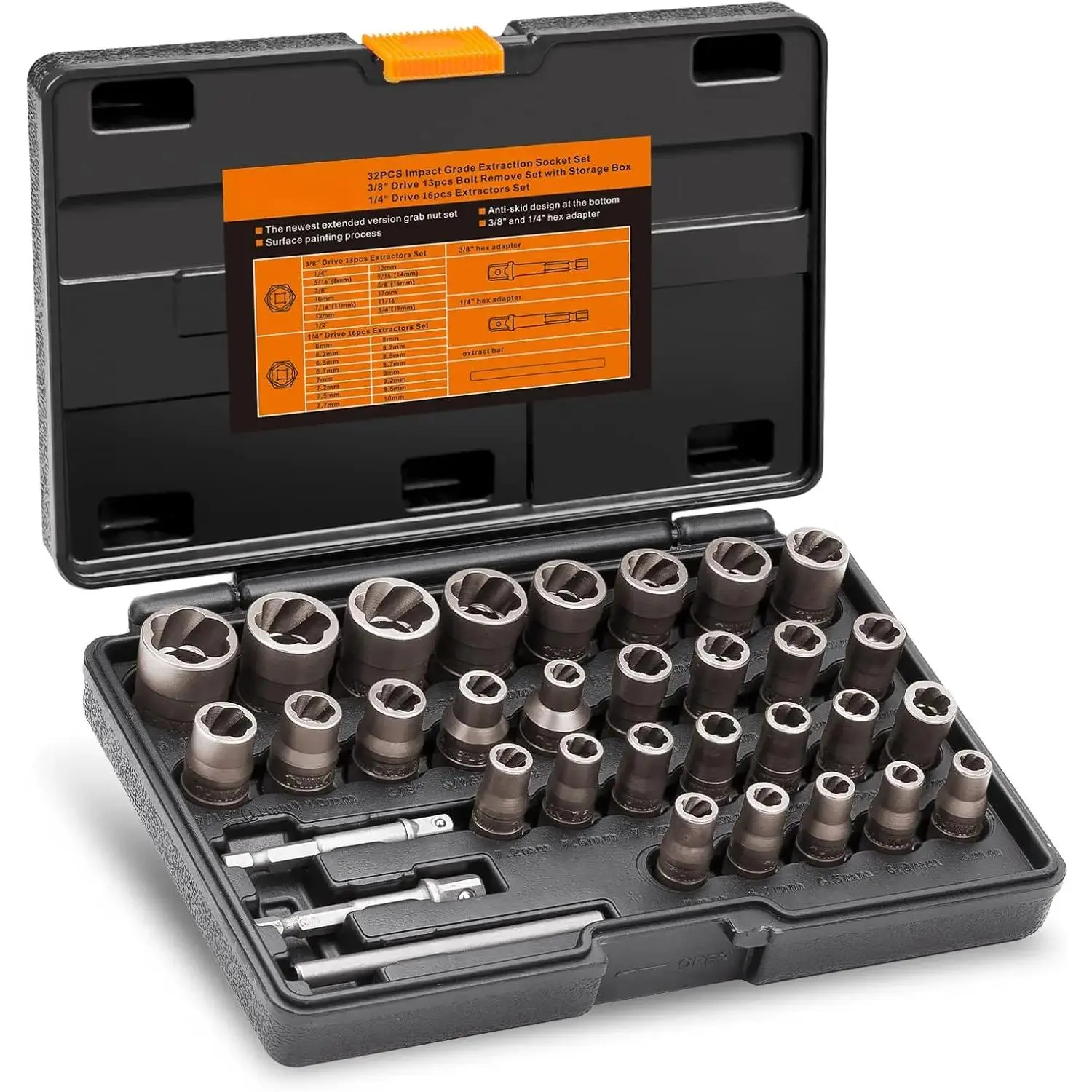 Upgrade Bolt Extractor Set, 32 Counts Impact Bolt  Nut Remover Set, Stripped Lug Nut Remover for Removing Damaged, Frozen, Rusted Universal Impact impact bolt