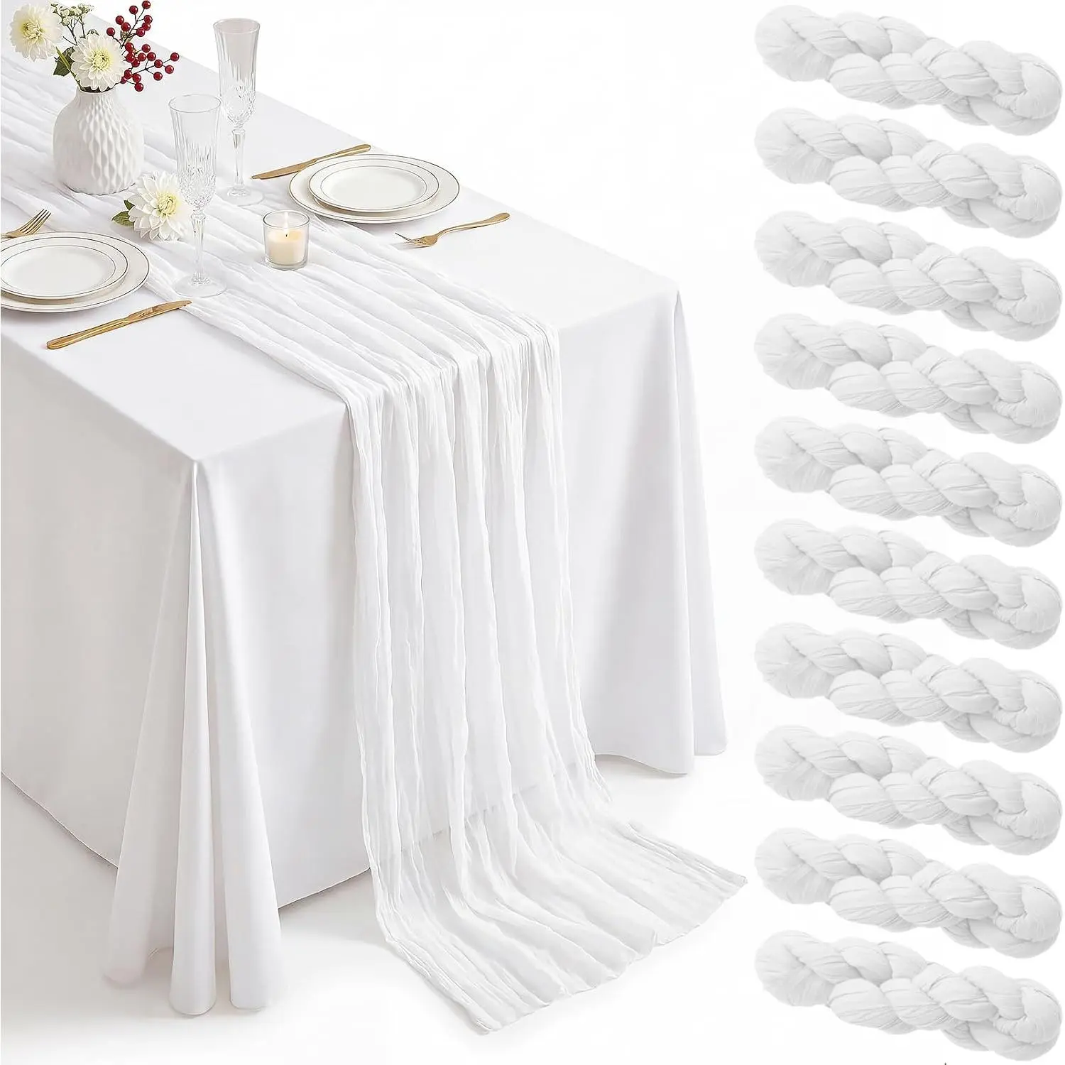 10 Pack White Table Runner 10FT Gauze Cheesecloth Table Runner |   21x120 Inch Boho Gauze Sheer Rustic Cheese Cloth Table Runners for Wedding Party Baby Shower Birthday Holiday Home Decor