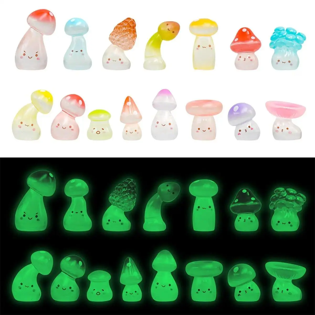 20PCS Glow-in-the-Dark Resin Mushroom Figurines - Magical Forest Fairy Garden Ornaments for DIY Micro Landscape, Shelf Plant Decoration, Desk Gifts & Car Interior Aesthetic Decor