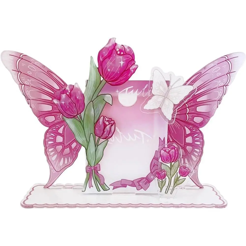 Detachable Acrylic Kpop Photocard Holder with Decorative Accessories Kpop Photocard Display Stand Kpop Photocard Frame Kpop Photocard Organizer for Kpop Fans Pink