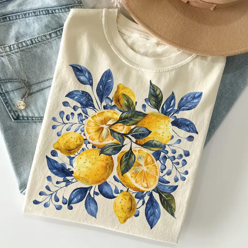 Women Casual Loose Fit Crew Neck Short Sleeve T Shirt Watercolor Lemon Blue Leaf Print Soft Comfortable Summer Top for Vacation Beach Daily Wear