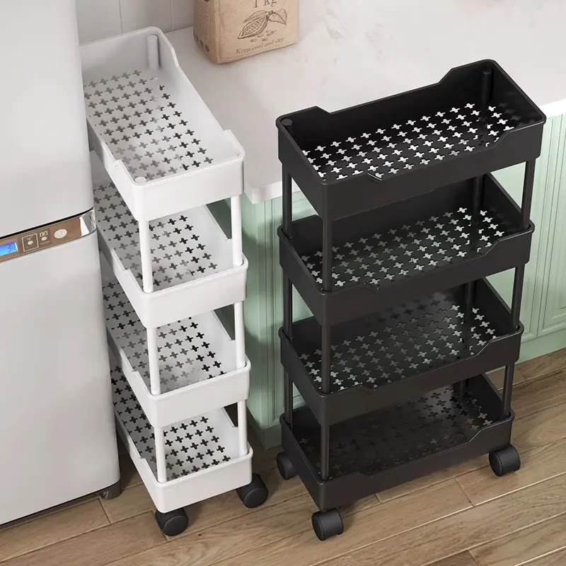 4 Tier Slim Rolling Storage Cart, Narrow Gap Utility Organizer with 360 °   Swivel Wheels, Ventilated Drainage Baskets & Raised Side Guardrail, Space Saving Mobile Trolley for Kitchen Fridge Gap, Bathroom, Laundry Room