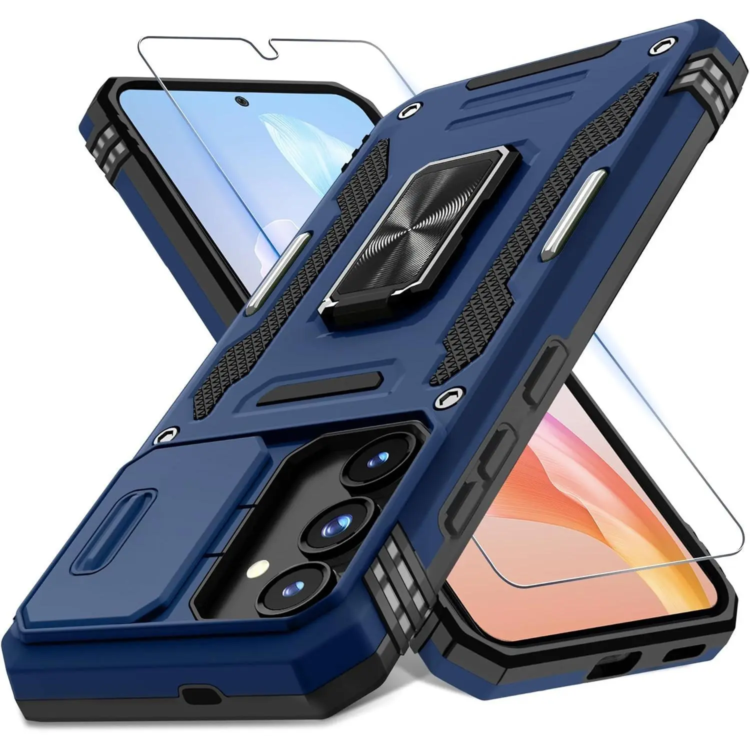 Case for Samsung Galaxy S25 6.2-Inch with Slide Camera Cover+Screen Protector (1 Pack), Rotated Ring Kickstand Military Grade Shockproof Protective Cover-Navy Blue