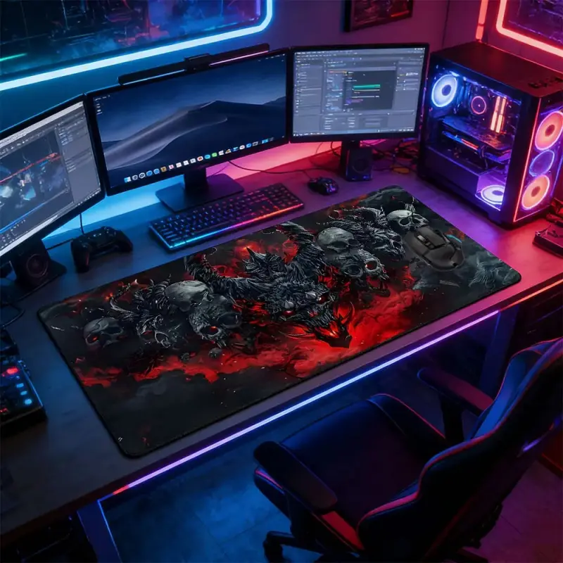 Red Black Skull Demon Large Gaming Mouse Pad, Non-Slip Rubber Base Stitched Lock Edge Desk Mat, Gothic Dark Fantasy Design, Durable Accessory for Home & Gaming Setup, Gift for Gamer & Gothic Metal Fans, Made for gaming