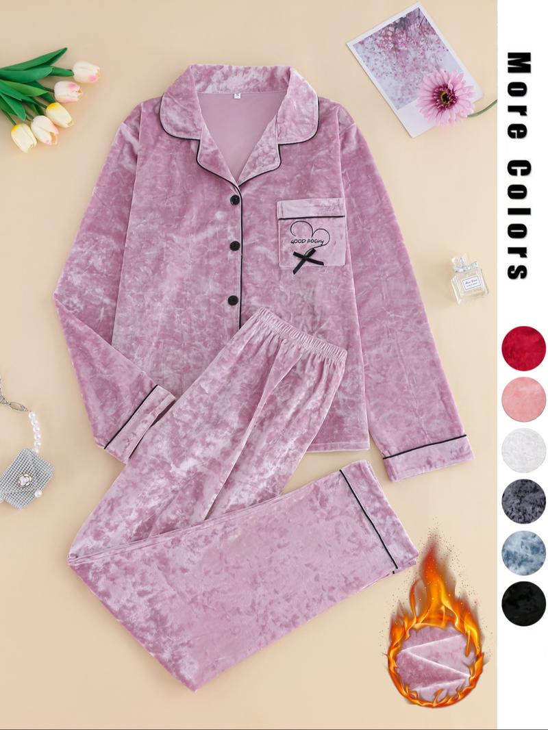 Two-Piece Set Women's Solid Button Front Lapel Shirt & Pants Velvet Pyjama, Long Sleeve Pocket Top & Trousers Set, Women's Sleepwear for Winter