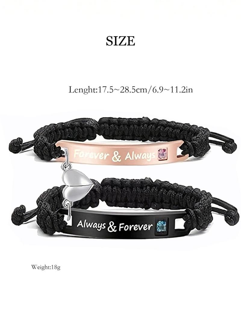 Couple Rhinestone Decorated Magnetic Heart Charm String Bracelet with Rose Gift Box, Fashionable Jewelry for Women & Men, Trendy Exquisite Jewelry for Birthday Gift