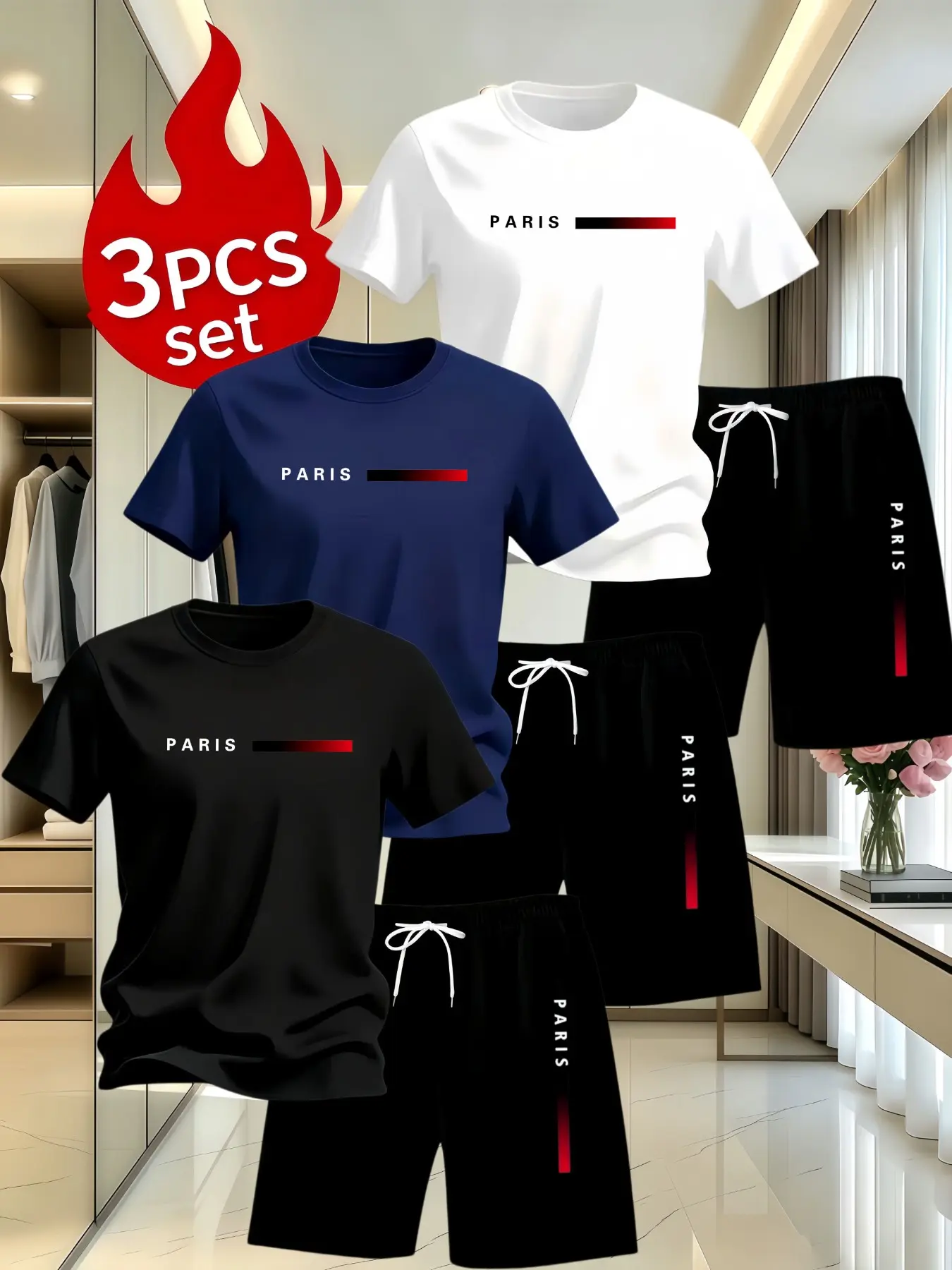 Men's 6-Piece Sportswear Set, Knit Fabric, Breathable, Ideal for Running, Fitness, Gym Sets, Paris Letter Print, Quick-Dry, Loose Fit, Spring Summer Fall