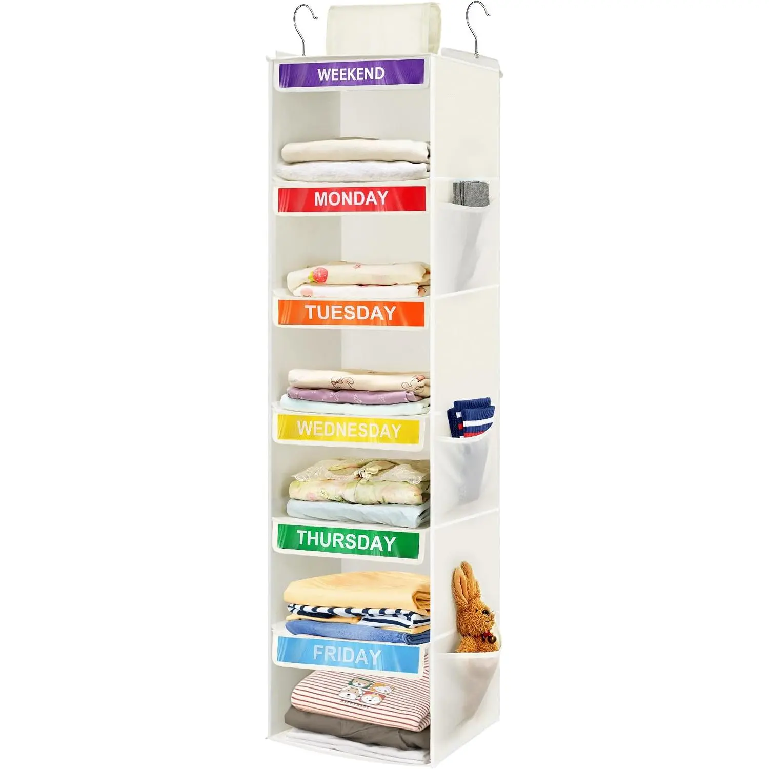 6-Shelf Weekly Clothes Organizer for ,  Daily Closet Organization with 6 Side Pockets, Days of The Week Clothing Divider Storage for Boys and Girls (White)