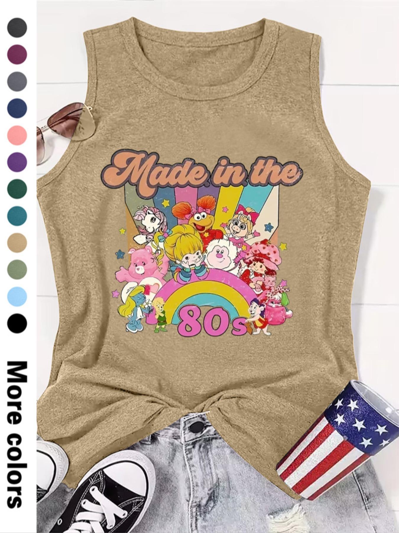 Fashionable Women's Cartoon Letter Print Round Neck Sleeveless Vest, Comfortable Knit Fabric, Summer Fitted Style, Available in 12 Colors