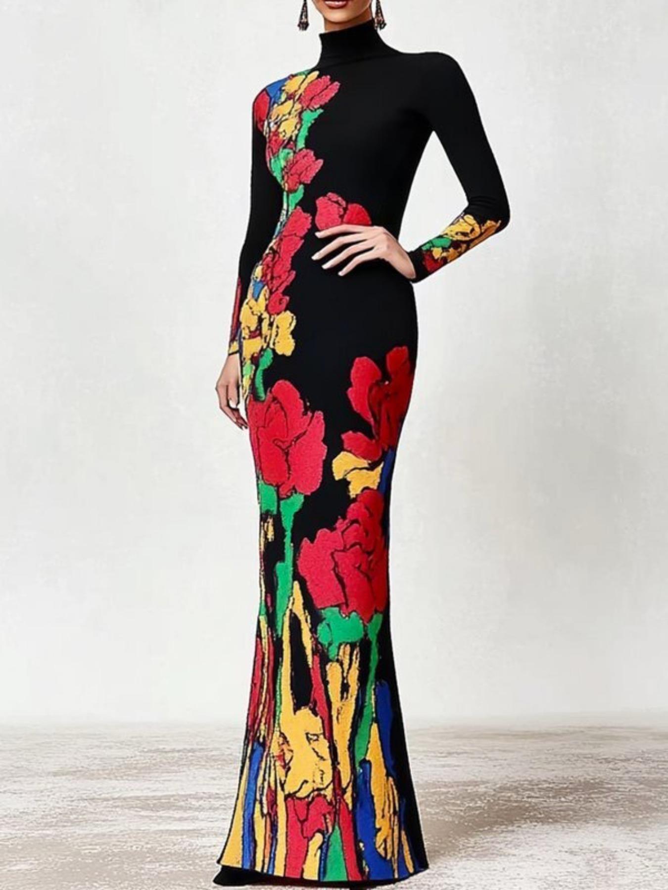 Women's Floral Print Dress, Bodycon Dresses, Elegant Fashion Casual Long Sleeve Dress for Party Club Dating Wear, Ladies Dress for All Seasons
