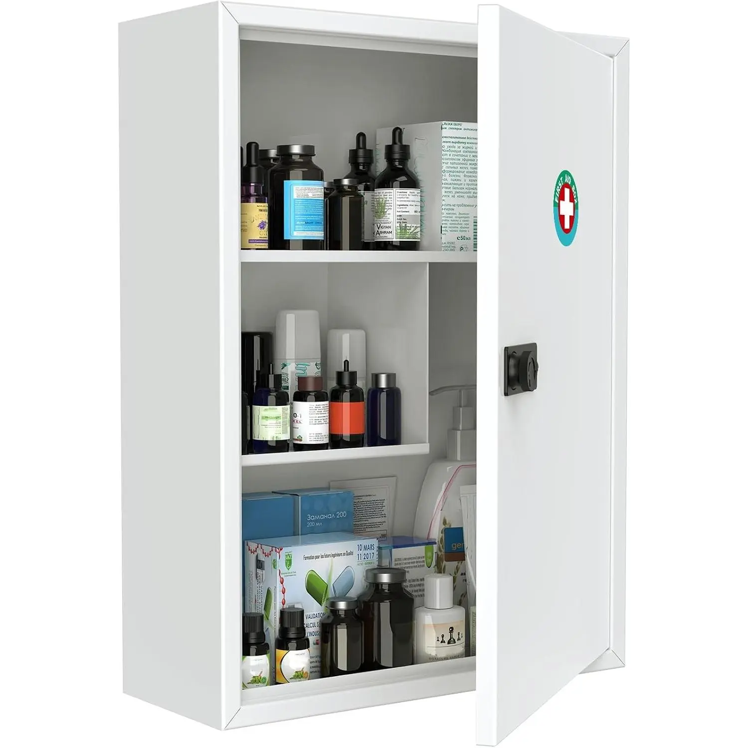 Wall Mount Medicine Cabinet with Combination Lock, Locking First Aid Cabinet, Lockable Medical Cabinet, Large Capacity Medicine Organizer, Secure Steel Wall Cabinet Metal Storage Box, White