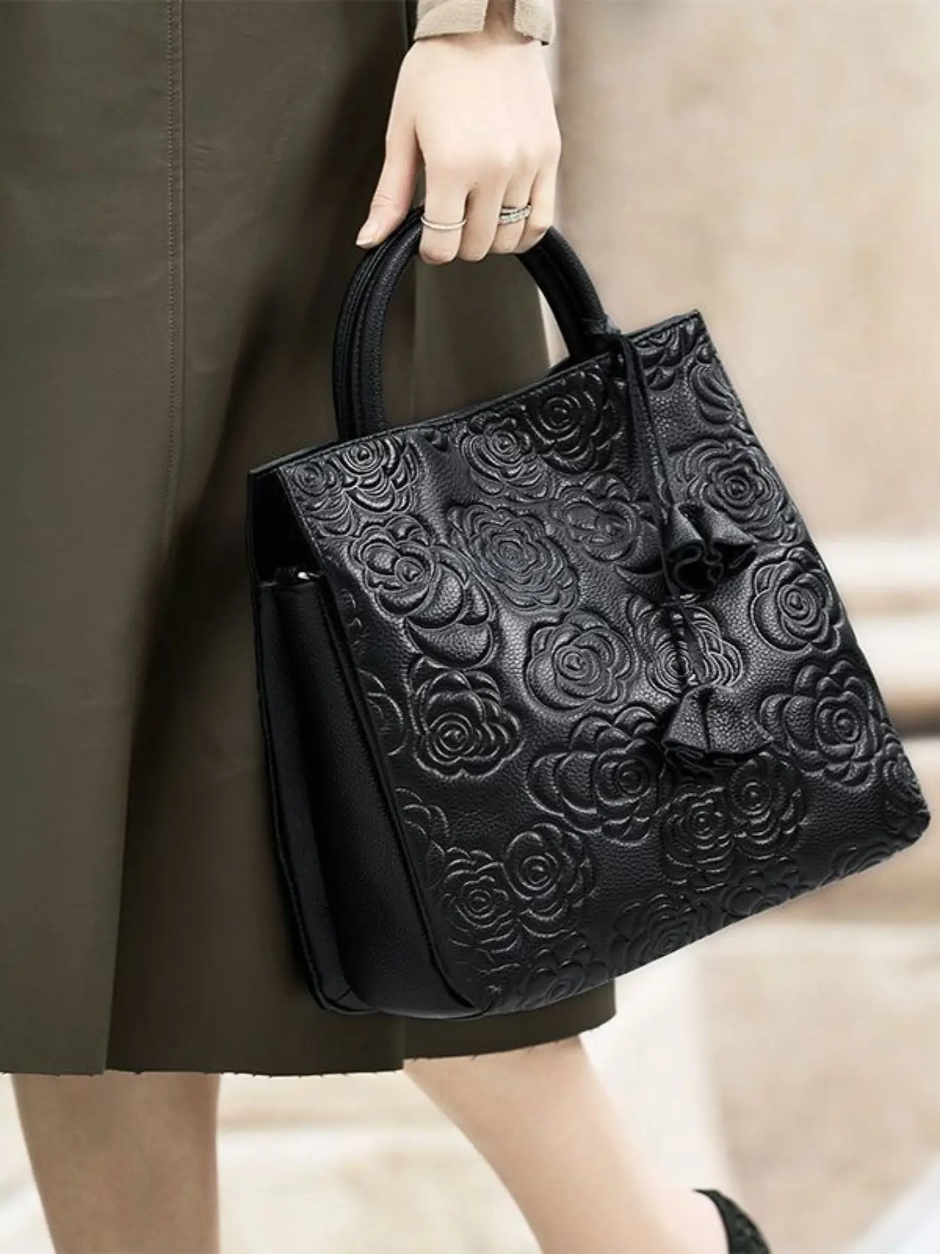 Women's Business Style Rose Embossed Handbag, Elegant Fashion Handbag, Large Capacity Multi-pocket Zipper Shoulder Bag for Work & Daily Used, Casual Trendy Versatile High-quality Daily Commuting Bag, Cowhide Leather Handbags