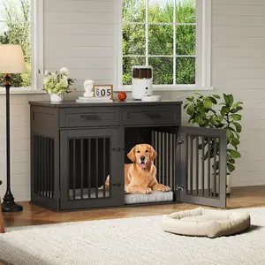 44.5 Inches Extra Large Heavy-Duty Wooden Dog Crate Furniture With Built-In Storage Space and Three Convenient Hanging Hooks, Stylish Decorative Indoor Pet Cage Specially Made for Large Breed Dogs