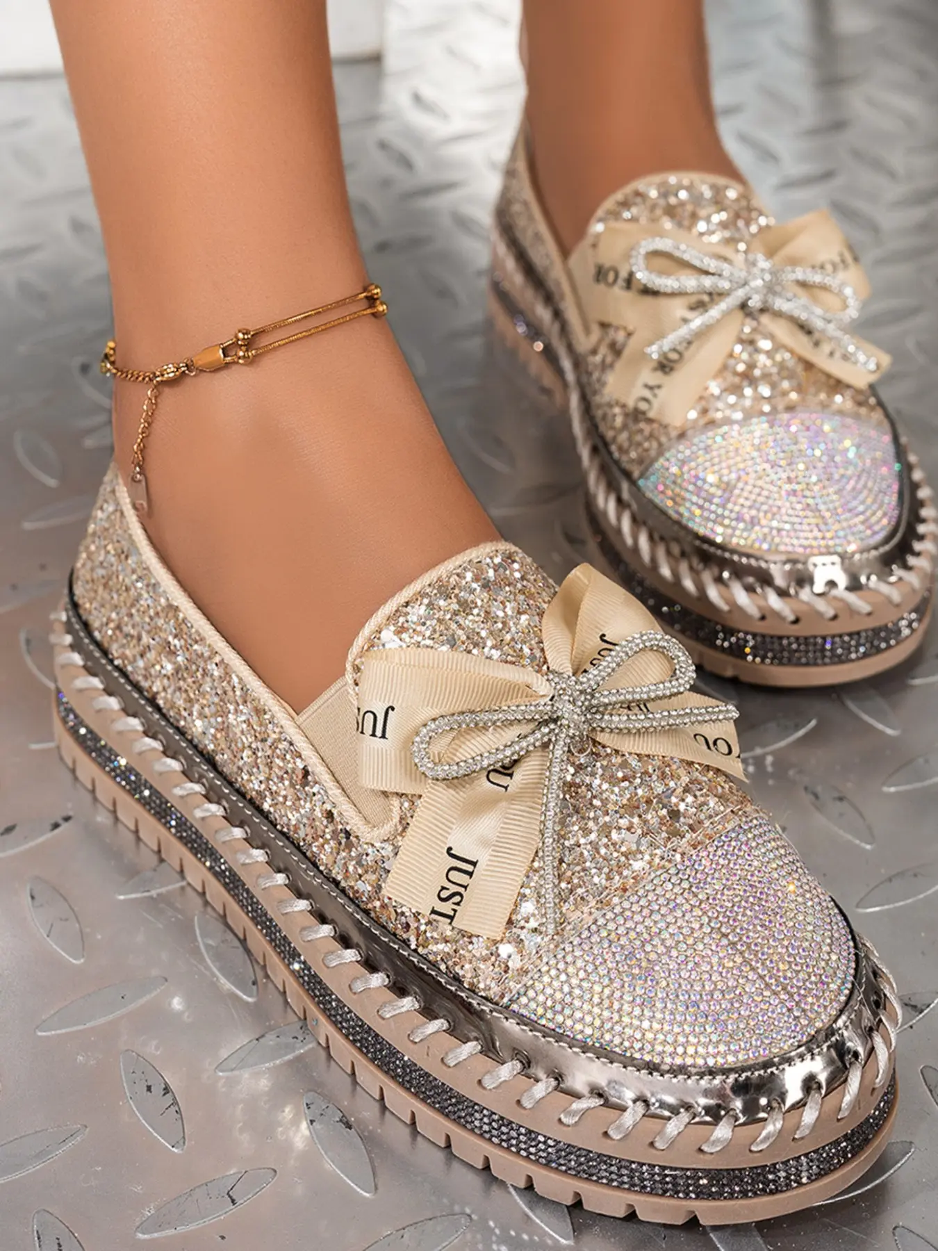 Women's Fashion Glitter Rhinestone Slip-On Loafers Flatform, Comfortable Low-Top Daily Wear Shoes, Lightweight Breathable Casual Footwear, Casual Summer Shoes