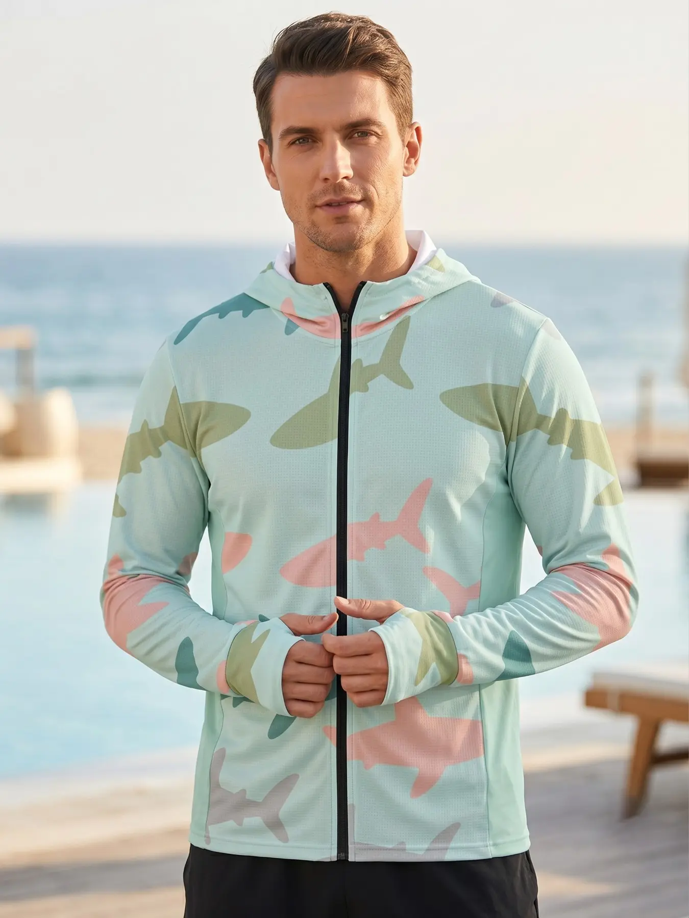Soft Mint Shark Shadow Camo Sun Suit, UV Protection Long Sleeve Jacket, Quick-Dry Breathable Beach Fishing Hoodie