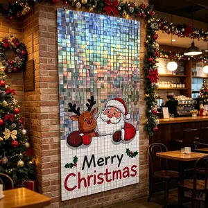 18pcs Printed Glitter Background Decor Board, Christmas Shimmer Wall Happy Banner, Santa Claus Cartoon Backdrop, Waterproof Durable, Home Party School Event Mall Setup