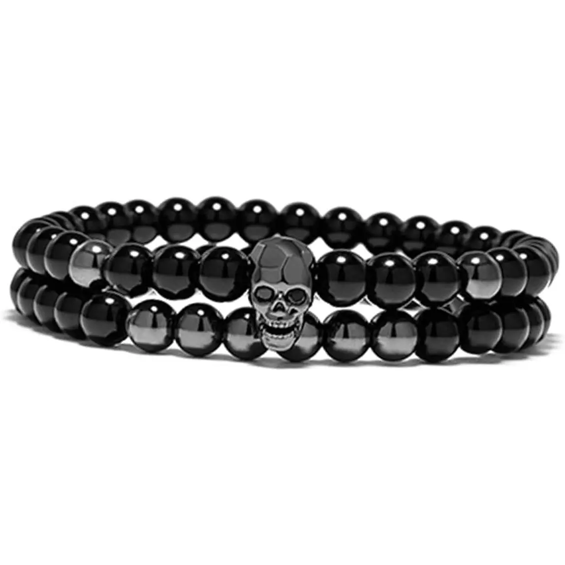 Gothic Skeleton  Bracelet for Men Black Beaded Elastic Skull Bracelet Stack Halloween Bracelet