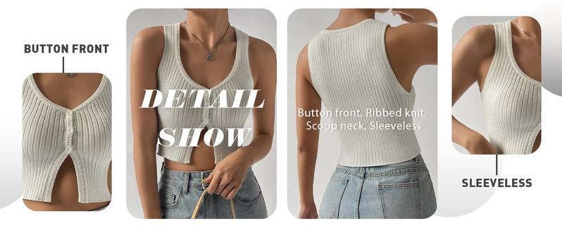 Women's Button Front Ribbed Knit Crop Tank Top Scoop Neck Sleeveless Casual Plain Crop Top Womenswear Bridal Short Basic Minimalist Skinny Slim Vneck White babydoll tops tubetops summer tops crop tops weighted vests women