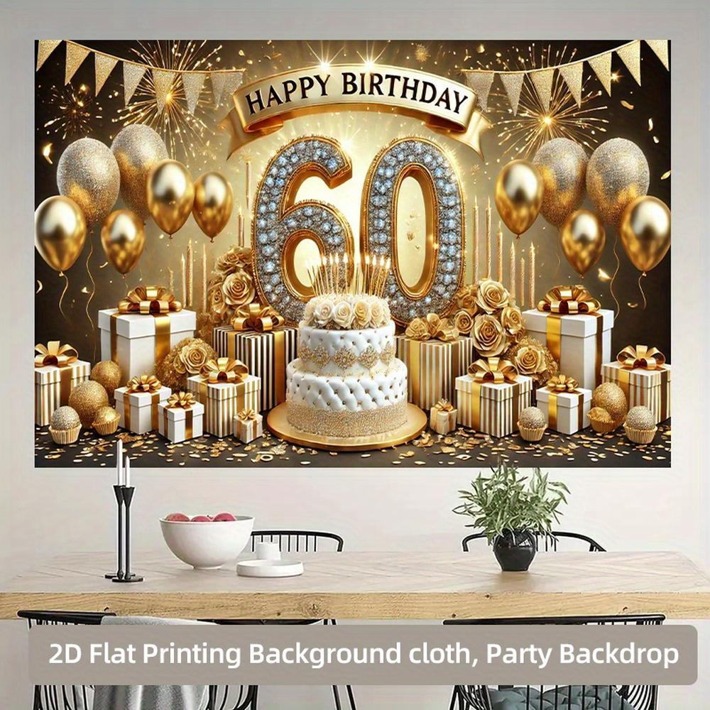 1pc 2D Flat 60th Birthday Party Backdrop - Golden Glitter "152.4cm with Balloons, Confetti & Gift Boxes, Polyester Photography Background for Indoor/Outdoor Celebrations, No Power Needed, Perfect