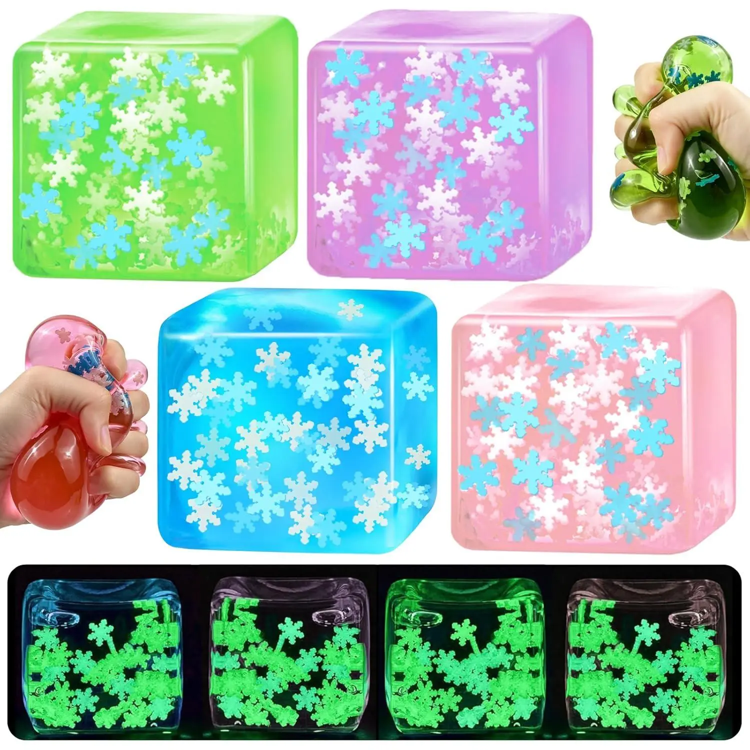4 Pcs Squeeze Cube Glow in The Dark Snowflakes Inside Squishy Fidget Gummy Toys for Kids Adults Luminous Sensory Cubes Toys for Kids Autism Maltose Balls Anxiety Stress Relieffidget toys