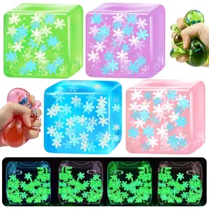 4 Pcs Squeeze Cube Glow in The Dark Snowflakes Inside Squishy Fidget Gummy Toys for Kids Adults Luminous Sensory Cubes Toys for Kids Autism Maltose Balls Anxiety Stress Relieffidget toys