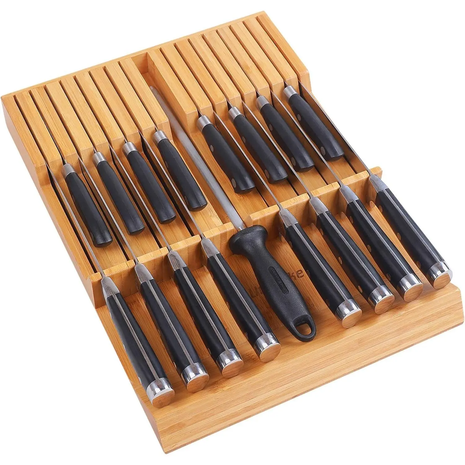 In-drawer Knife Block Bamboo Kitchen Knife Drawer Organizer Large, handle Steak knife Holder without Knives, Fit for 16 Knife and 1 Sharpening Steel (Knives & Sharpening Not Included)
