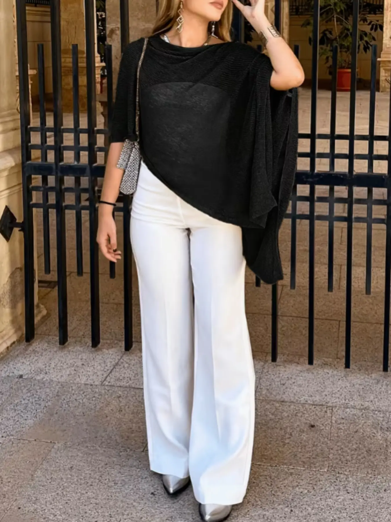 Women Draped Cowl Neck Asymmetric Batwing Knit Top, Half Sleeve Sheer Mesh Poncho Blouse, Irregular Flowy Hem Lightweight Knit Sweater
