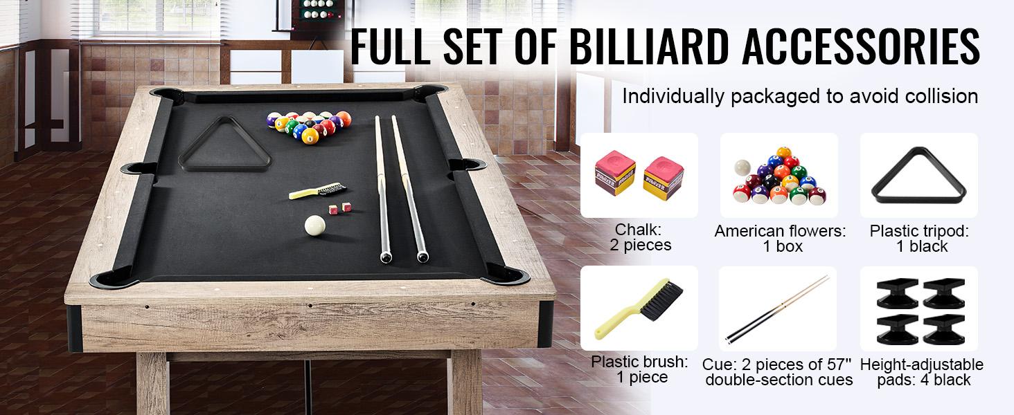 VEVOR Billiards Table, 7 ft Pool Table, Adjust Legs Stable Billiards Table, Pool Table Set Includes Balls, Cues, Chalks and Brush, Wood Color with Black Cloth, Perfect for Family Game Room Kids Adults