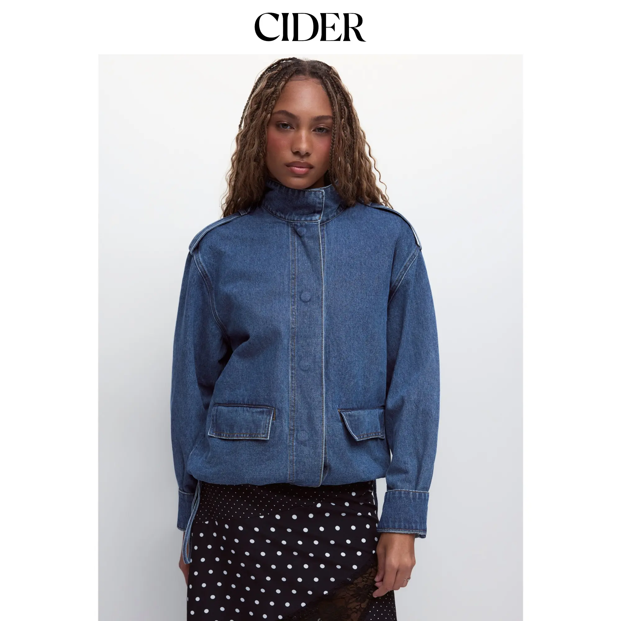 Cider Denim Stand Collar Washed Drawstring Metal Detail Oversized Jacket SohoChic