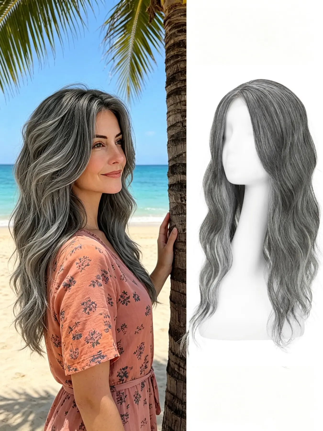 🔎Best Natural Salt & Pepper Silver Gray Loose Wavy Clip-In Hair Topper Realistic Hairpiece 22 Inch Premium Kanekalon Synthetic Hair, Soft Matte Texture, Ideal Solution To Cover Thin Fine Hair & Get Voluminous Natural Gray Beach Waves Daily