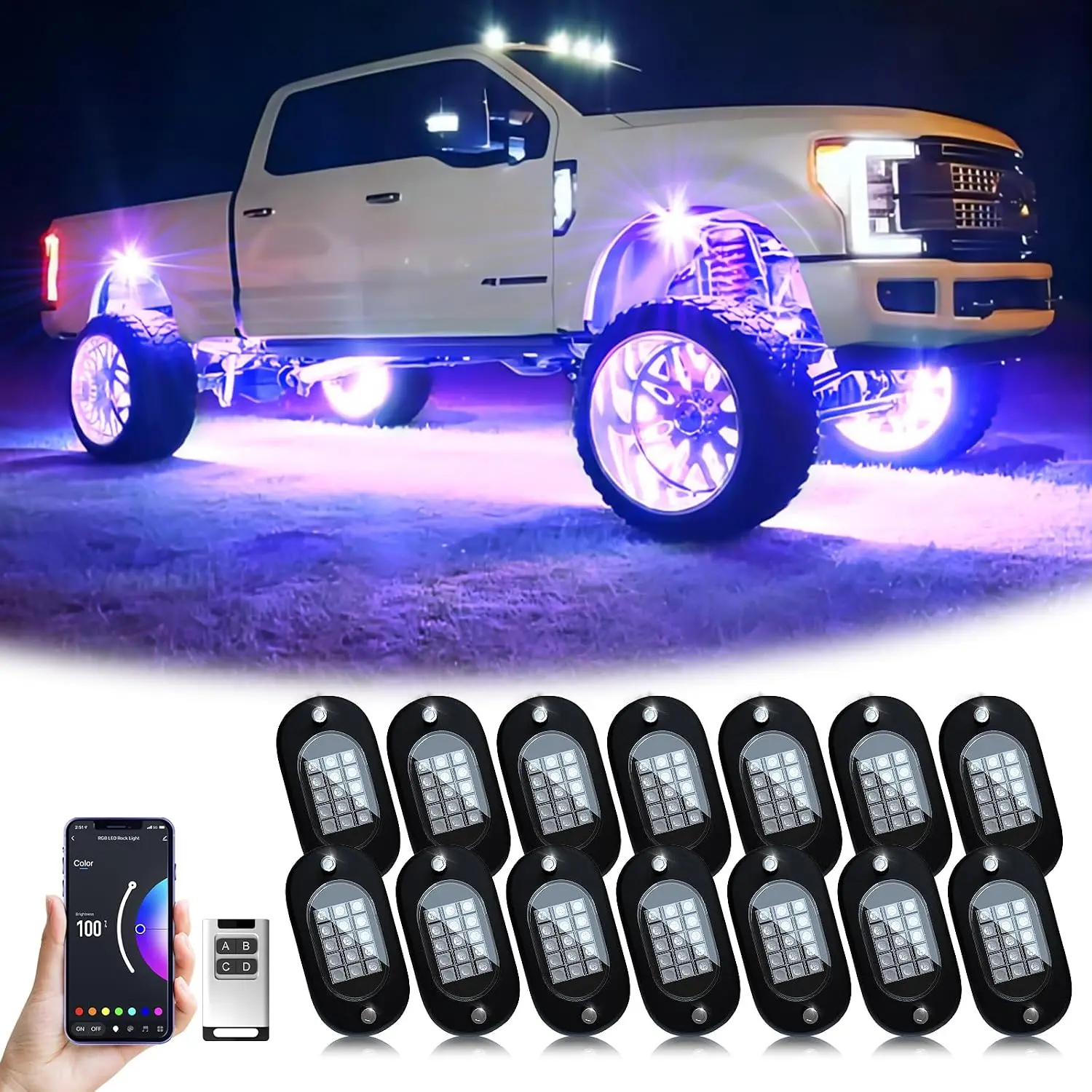 RGB LED Rock Lights 14 Pods, 210 LEDs Lights with Phone App/Remote Control & Timing &  Mode Rock Lights Kits,  Underglow Light for ATV RZR UTV SUV Off Road AUTO