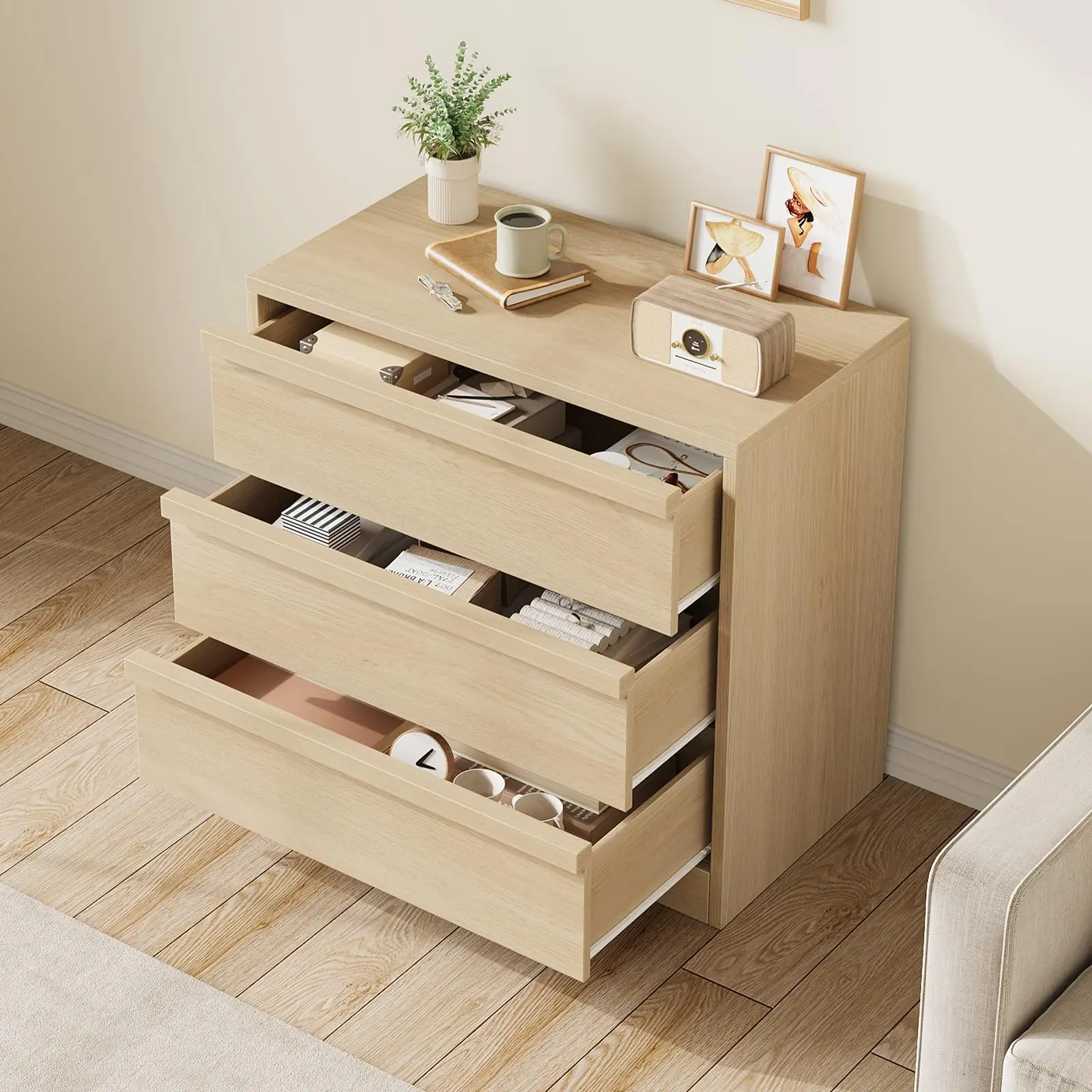Modern 3-Drawer Wooden Storage Table, Multi-Purpose End Cabinet for Dining Room Bedroom Entryway, Antique White & Walnut Two Color Options