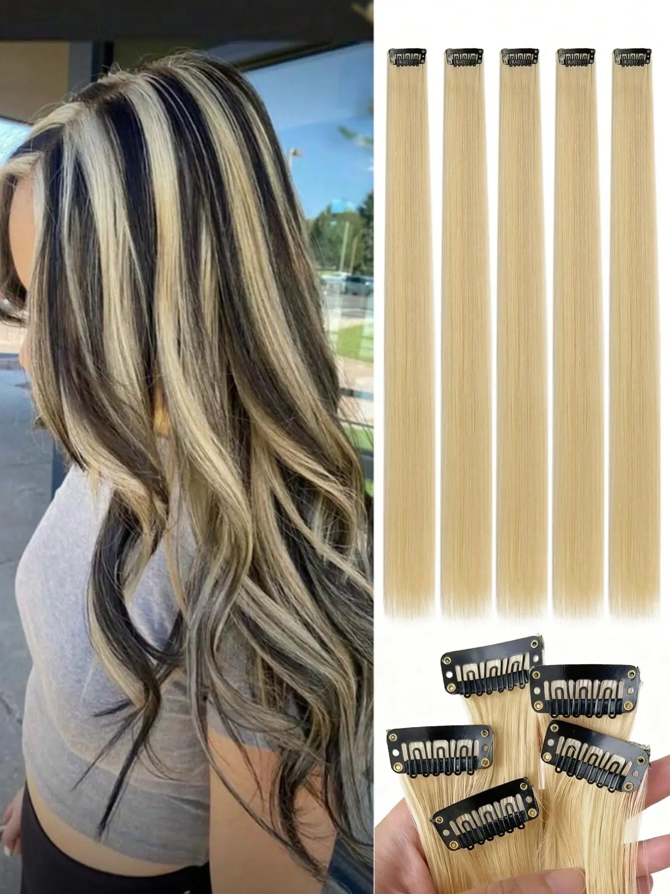 5pcs Gold #613 Honey Bloned Hair Clips, Women #613 Synthetic Straight Hair Extensions, Can Be Matched With Various Hairstyles Without Going To The Salon, Suitable For Daily Use And Parties