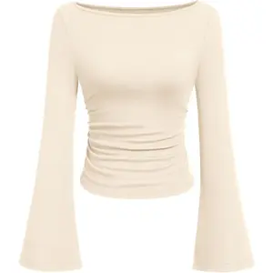 Womens Long Sleeve Shirts 2026 Spring Crop Going Out Tops Casual Boat Neck Bell Sleeve Ribbed Ruched Y2K Clothes