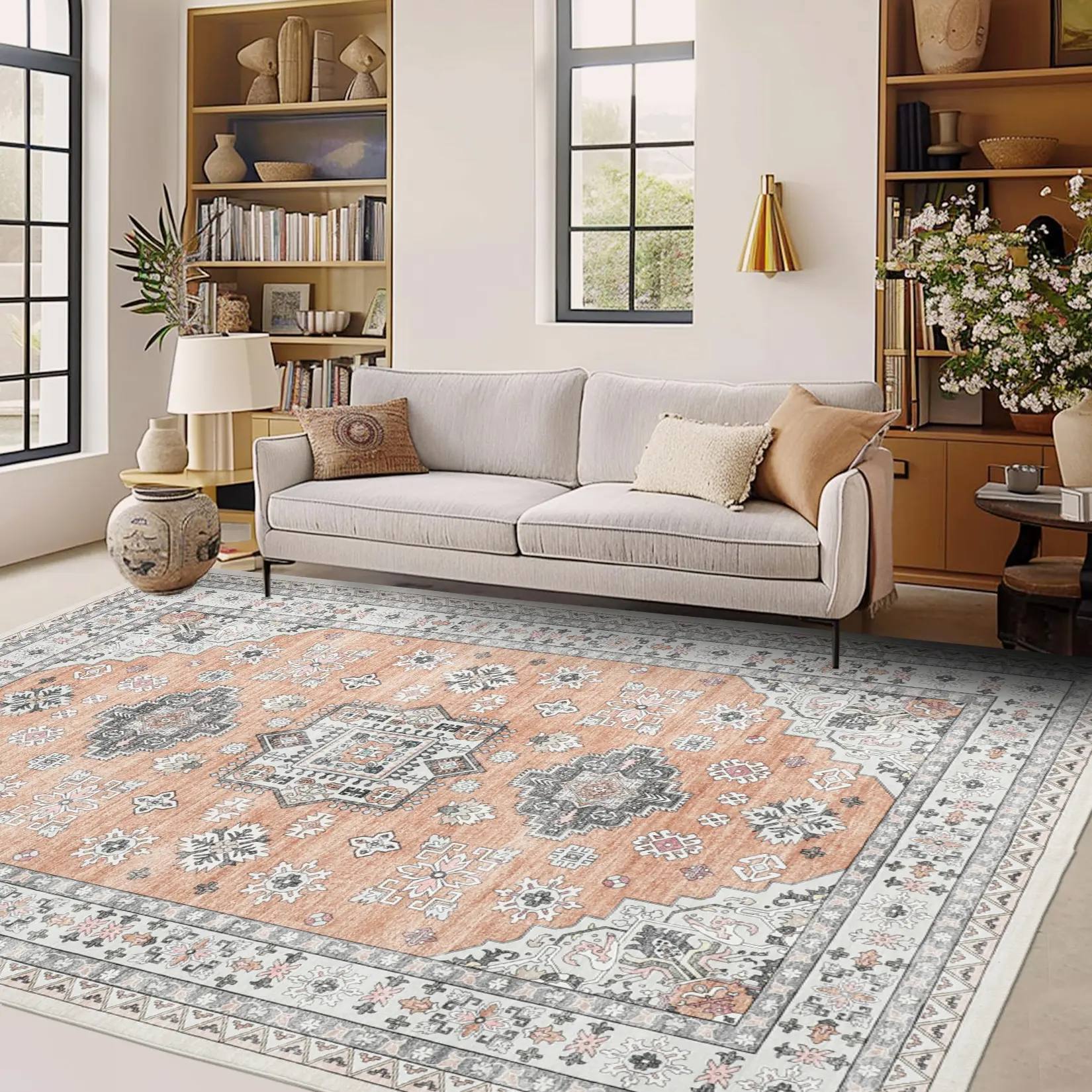 Vintage Blue Area Rug, Soft Low-Pile, Machine Washable, Non-Slip, mark-Resistant, Non-Shedding Carpet for Living Room, Bedroom, Dining Room, Home Decor