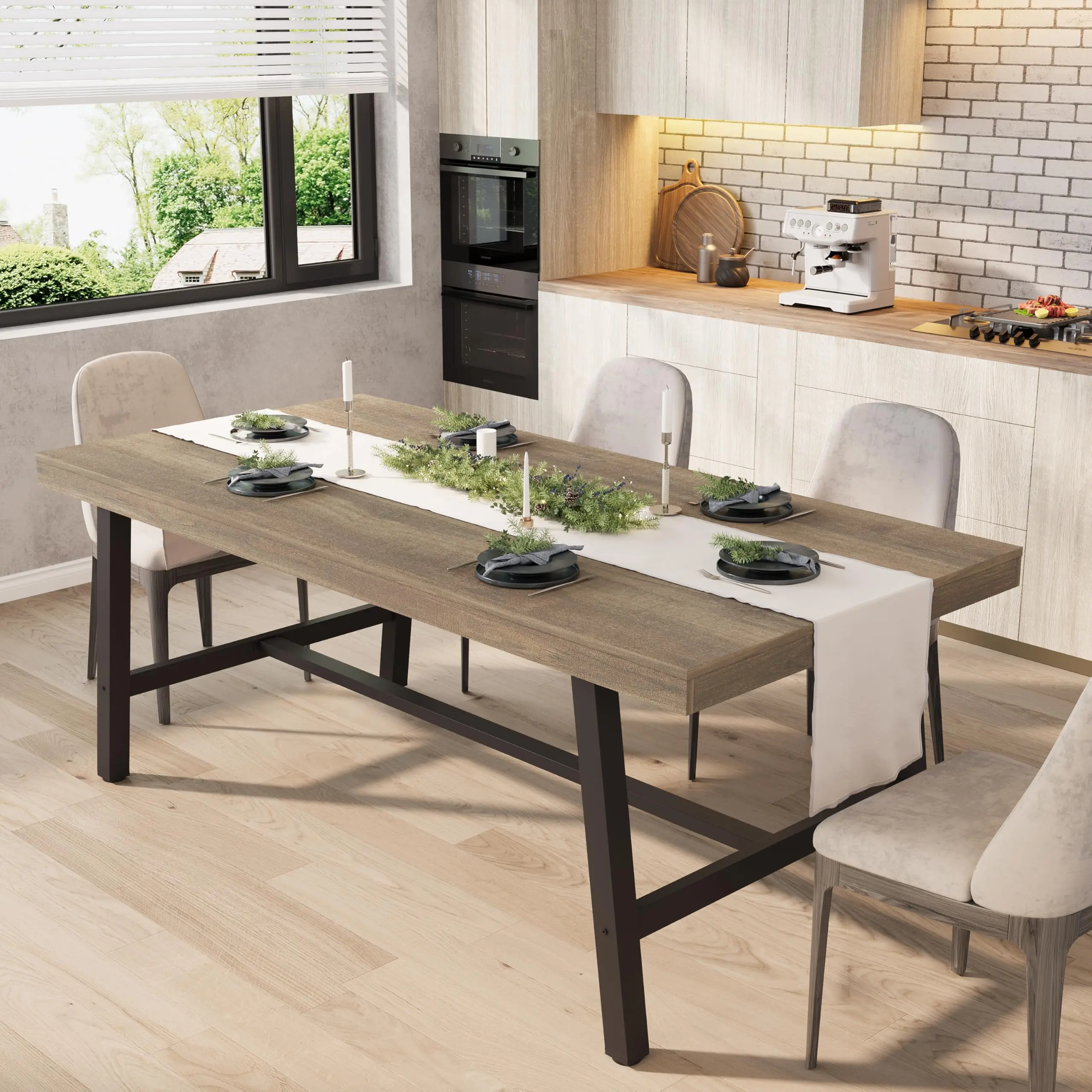 70.9" Industrial Rectangular Dining Table, Modern Kitchen Room Table with Sturdy Metal Frame for 6-8 People, Rustic Wood Dining Table with 360° Adjustable Feet (Table Only, Pear Wood)