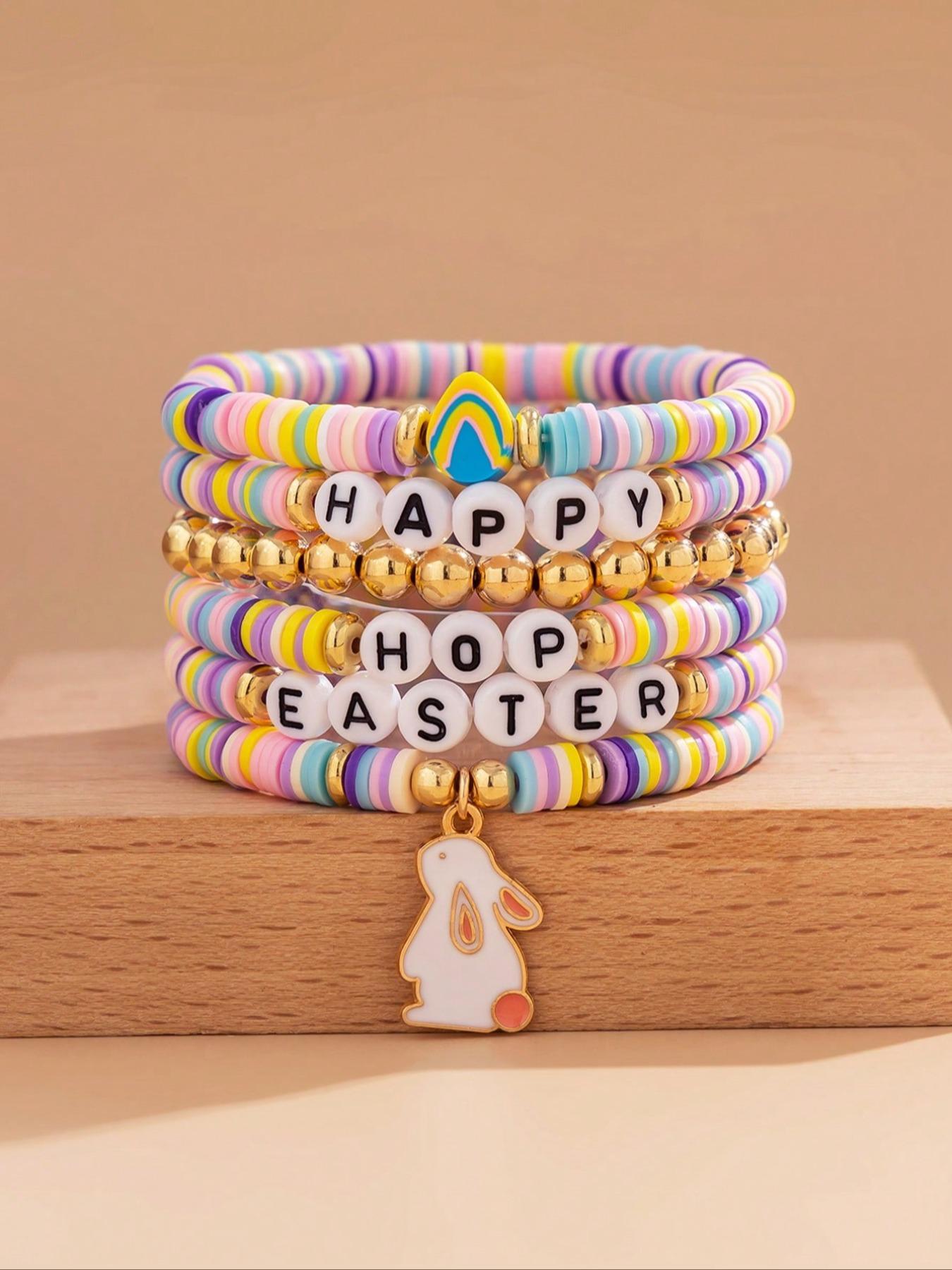 Fashion Easter Bunny Egg Pendant Bracelet Set, Colorful Soft Clay Letter Beads, Casual Daily Wear Jewelry Gift for All Seasons