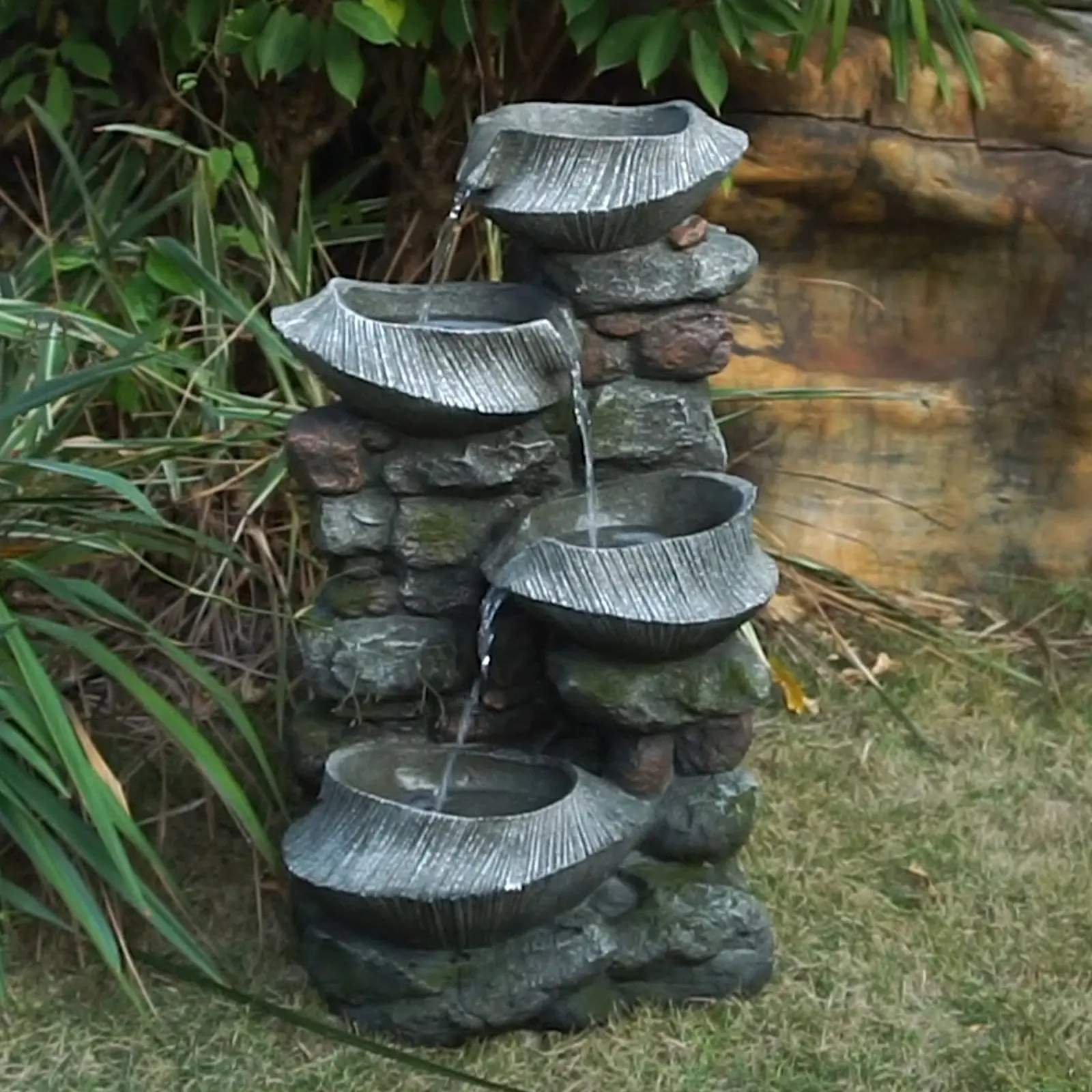 Nokaa 4-Tier Cascading Stone Water Fountain with LED Light – 19x15x31.5 Inch Polyresin Rock Bowl Fountain for Indoor Outdoor Garden Patio Deck Living Room Decor, Freestanding Floor Fountain