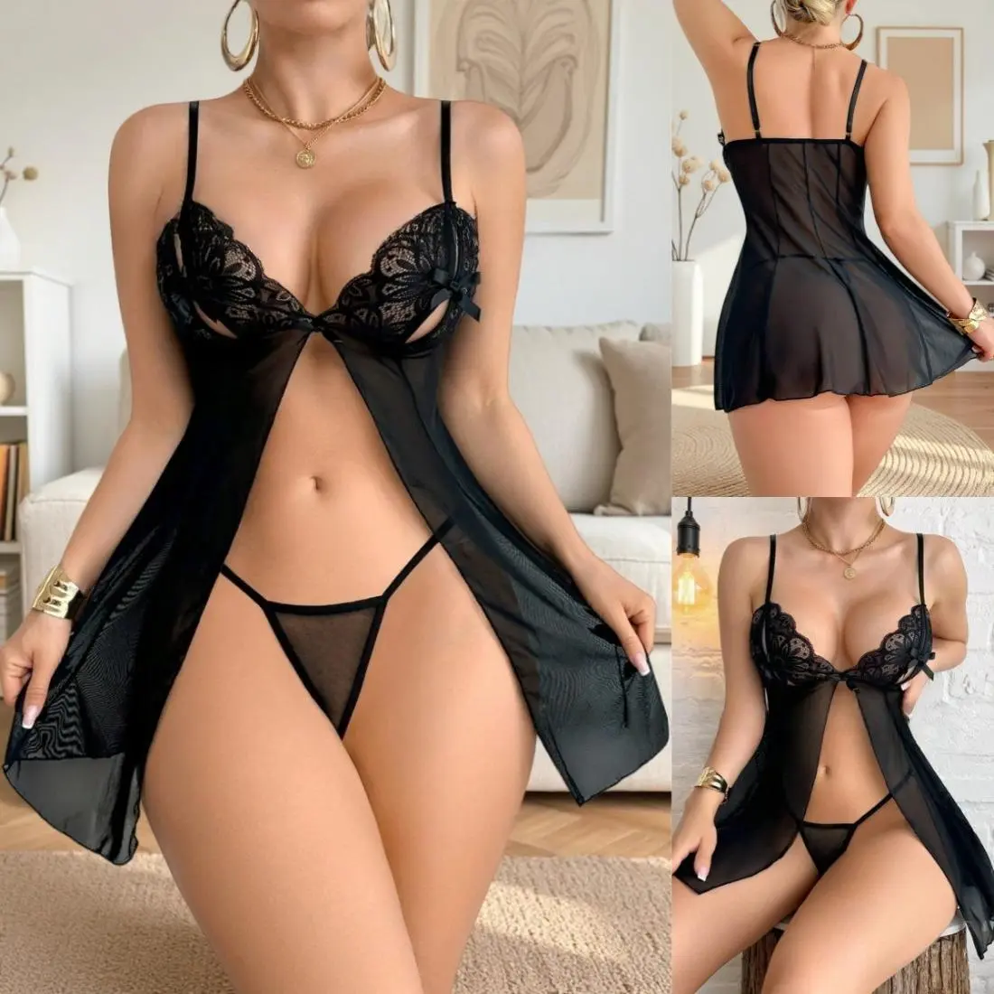 Women's Lace Babydoll Chemise Nightgown, Deep V Sleeveless Sleep Dress with Side Slit & Adjustable Straps, Soft Mesh Floral Lace Lingerie, Lightweight Bridal Sleepwear for Honeymoon, Valentine's Day, Anniversary & Romantic Evenings