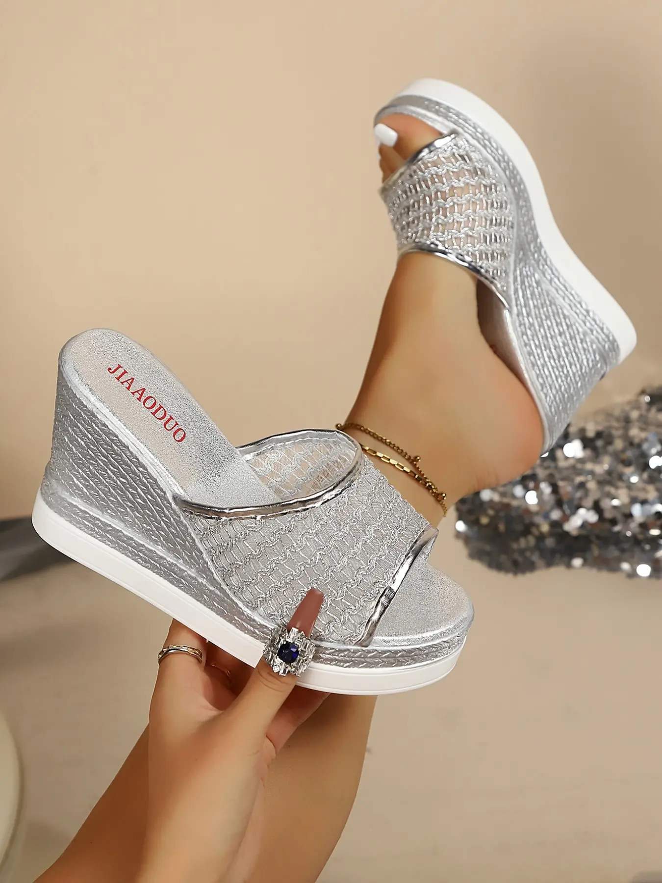 Women's Silver Color Mesh Fish Mouth Wedge Sandals, Metal Tone Braided Thick Sole, Slip-On Heeled Mules, Comfortable Summer Beach Shoes