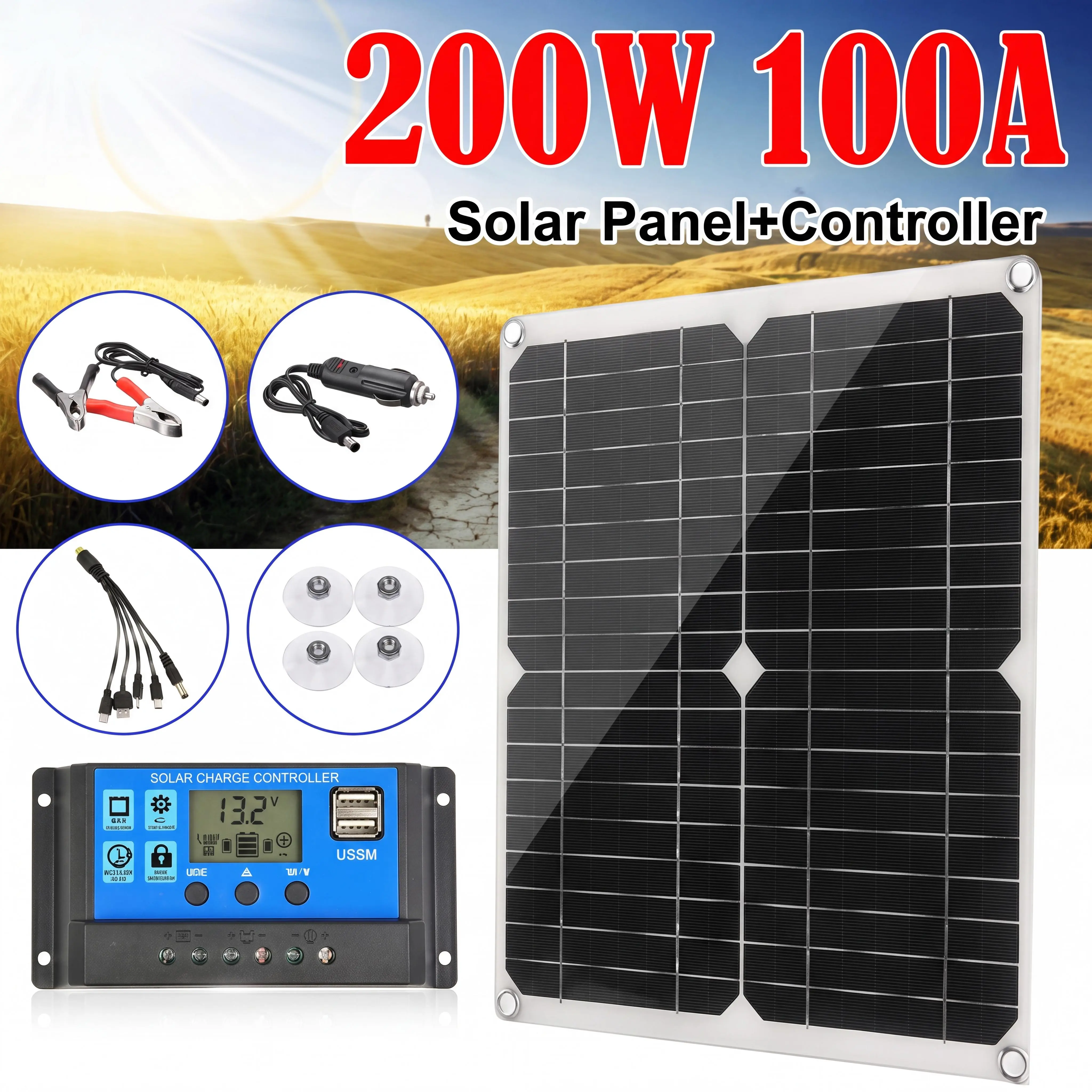 200W 100A Solar Panel Kit, Monocrystalline Portable Solar Charger with 10-in-1 Charging Cable, Dual USB Port & Solar Charge Controller, Waterproof Battery Maintainer for Camping, RV, Boat, and Off-Grid Power