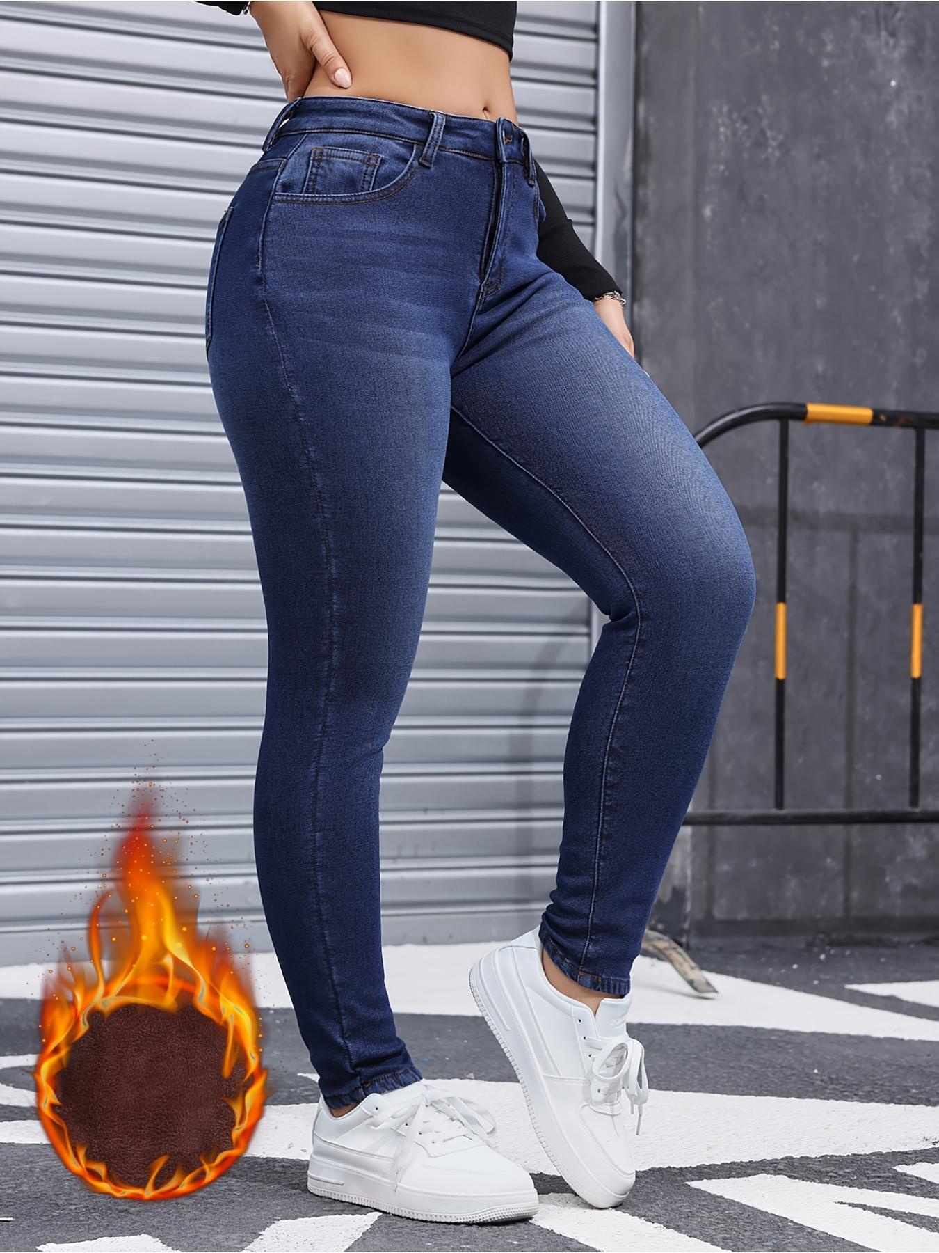 Women's Fleece-Lined Thermal High Waist Jeans, Slim Fit Denim for Fall & Winter