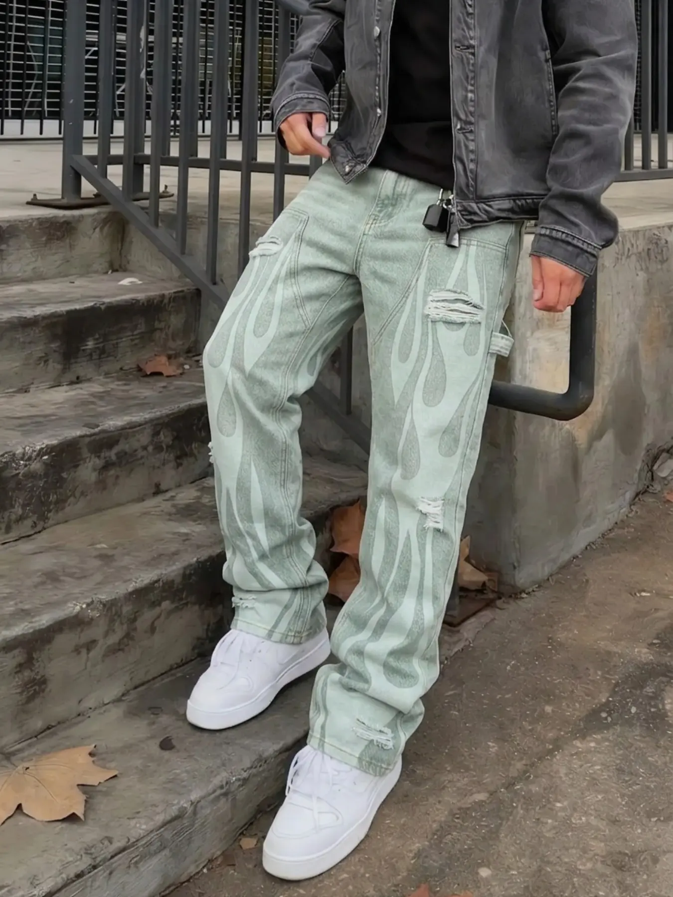 Men's Flame Print Ripped Wide Leg Jeans, Light Wash Loose Fit, Spring Summer Street Style, Tall Slim Long Pants