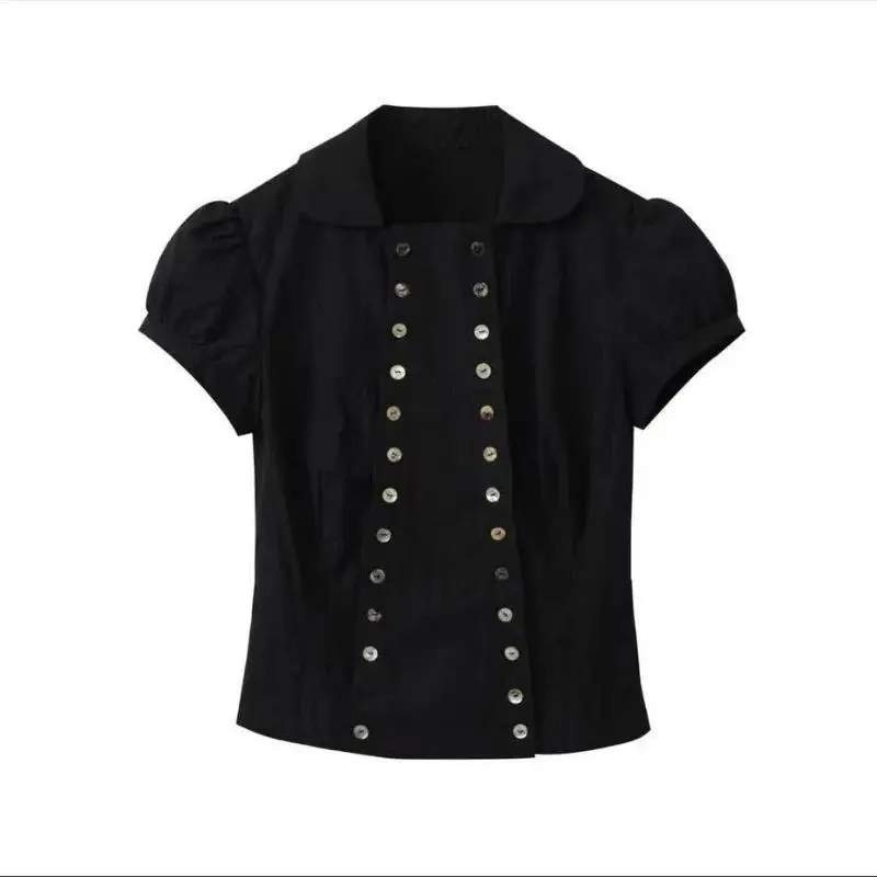 Vintage Black Double Breasted Shirt Women Retro Doll Collar Puff Sleeve Slim Fit Blouse Y2K Grunge Casual Streetwear Tops New