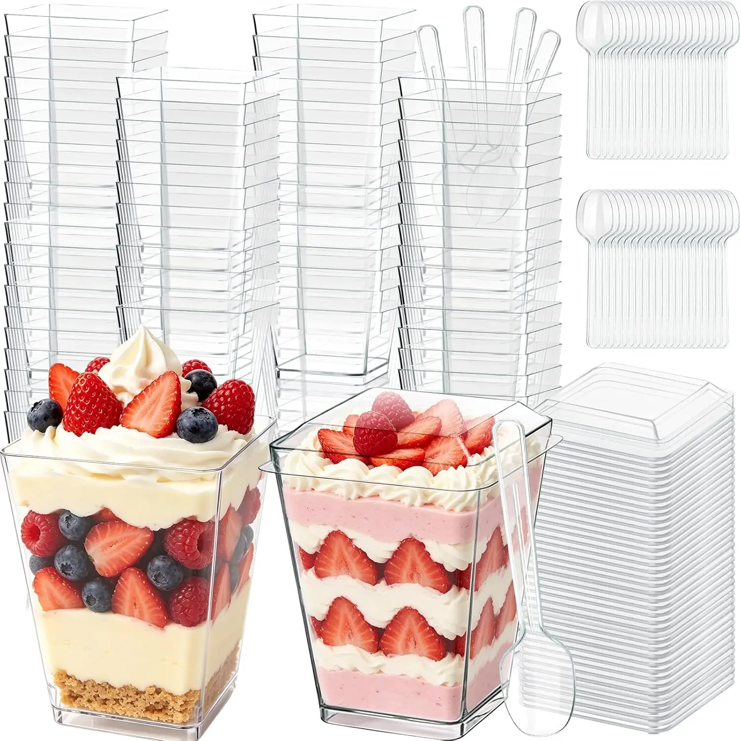 5oz Plastic Dessert Cups with  and Spoons, Clear Square 20 Pack